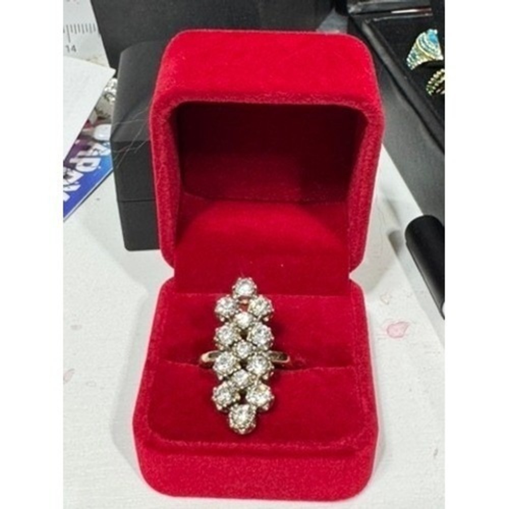 Vintage Mixed Metal Statement Ring Elongated Cluster Clear Stone Cocktail Sz 7.5